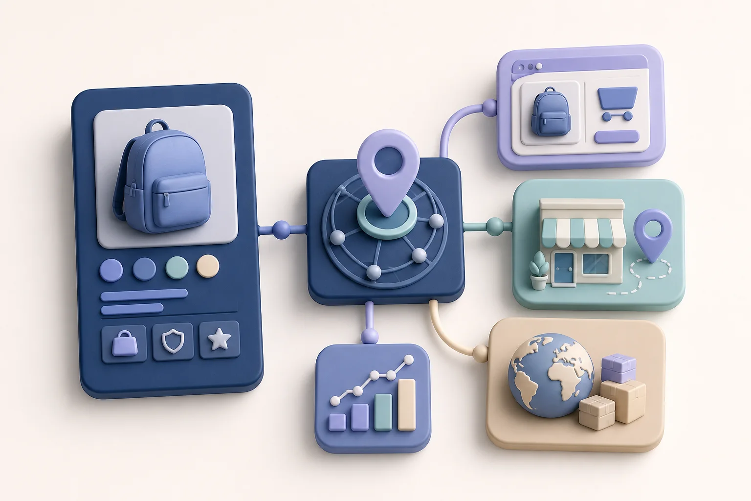 A brand product connected through a locator to online retailers, nearby stores, international distributors, and analytics.