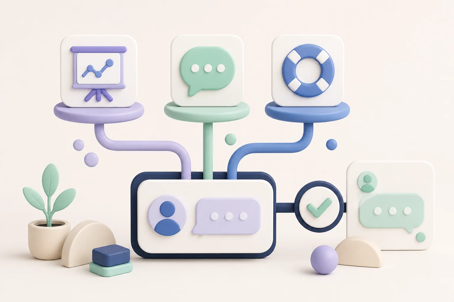 Demo, general inquiry, and customer support paths connected to a responsive communication hub.