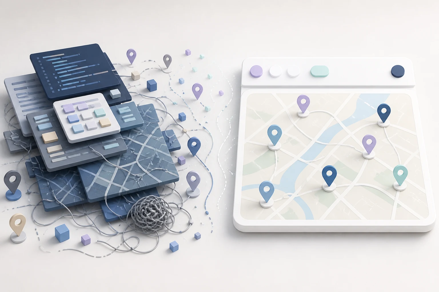 A tangled custom-built location system beside a streamlined, connected dealer locator.