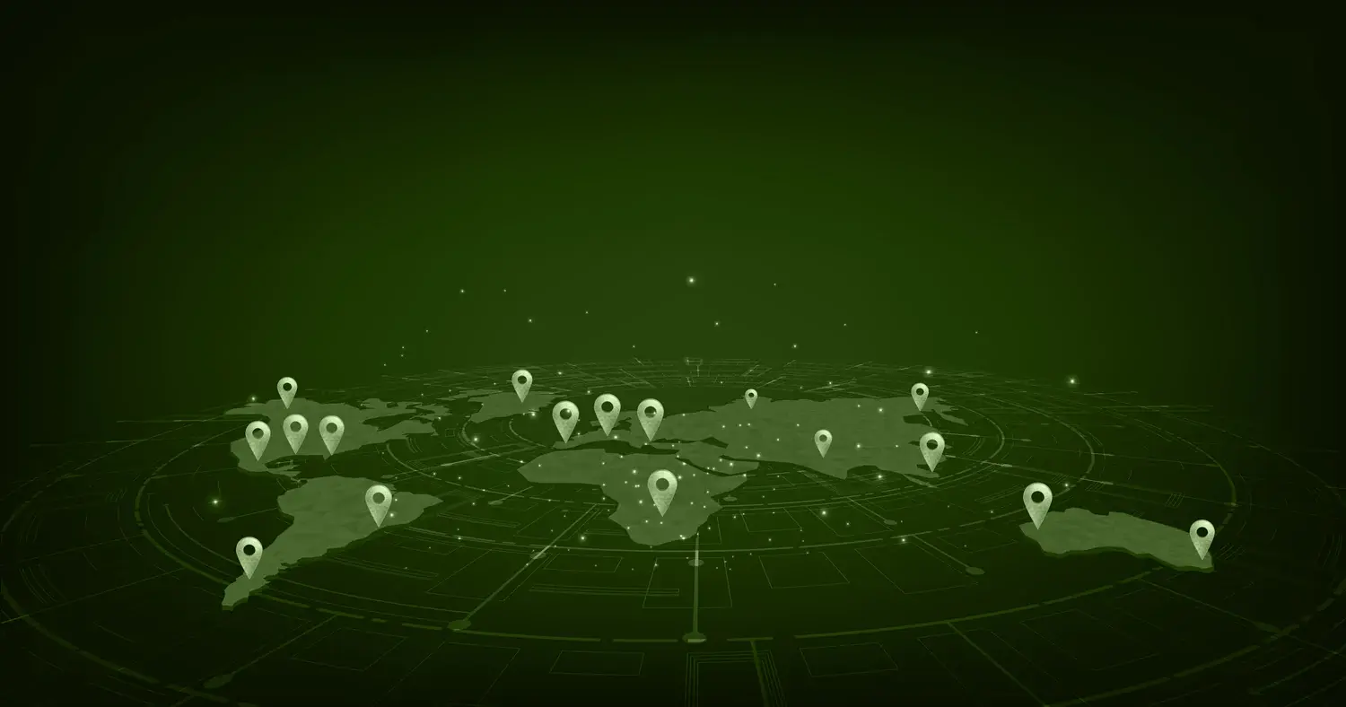 World map with location markers illustrating Omacro's international reach.