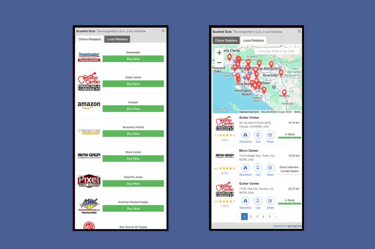 Omacro seller results showing online buying options and nearby store locations.