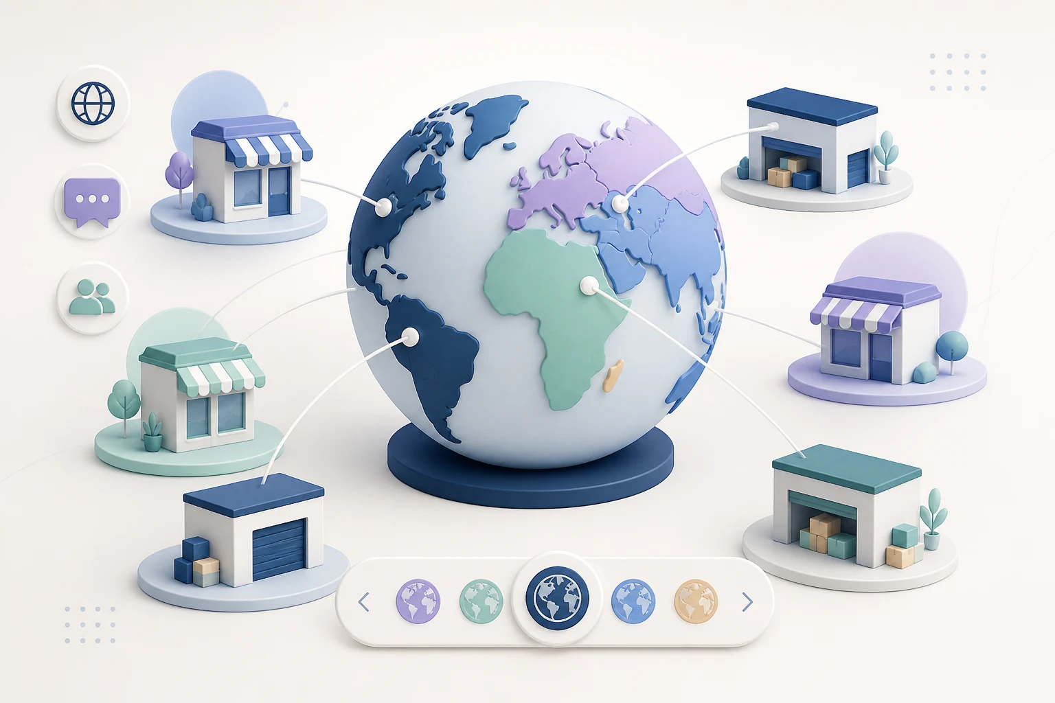 A globe connected to regional dealer and distributor networks with distinct market territories.