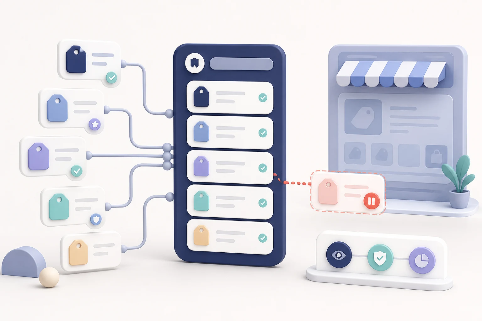 A network of retailer offers with one flagged result path removed from a customer-facing list.